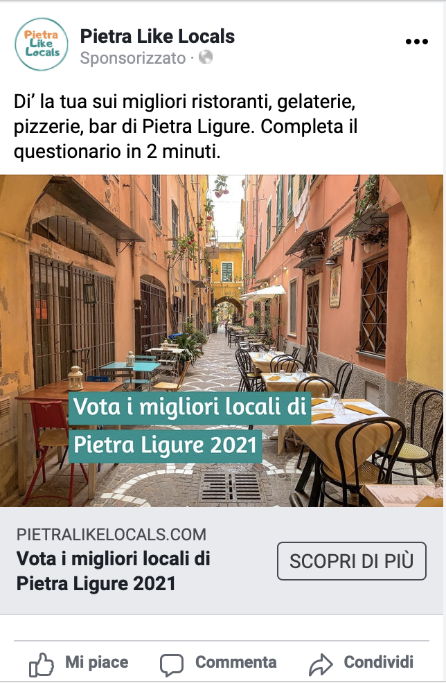 Post su Facebook per il sondaggio Mangiare a Pietra Ligure